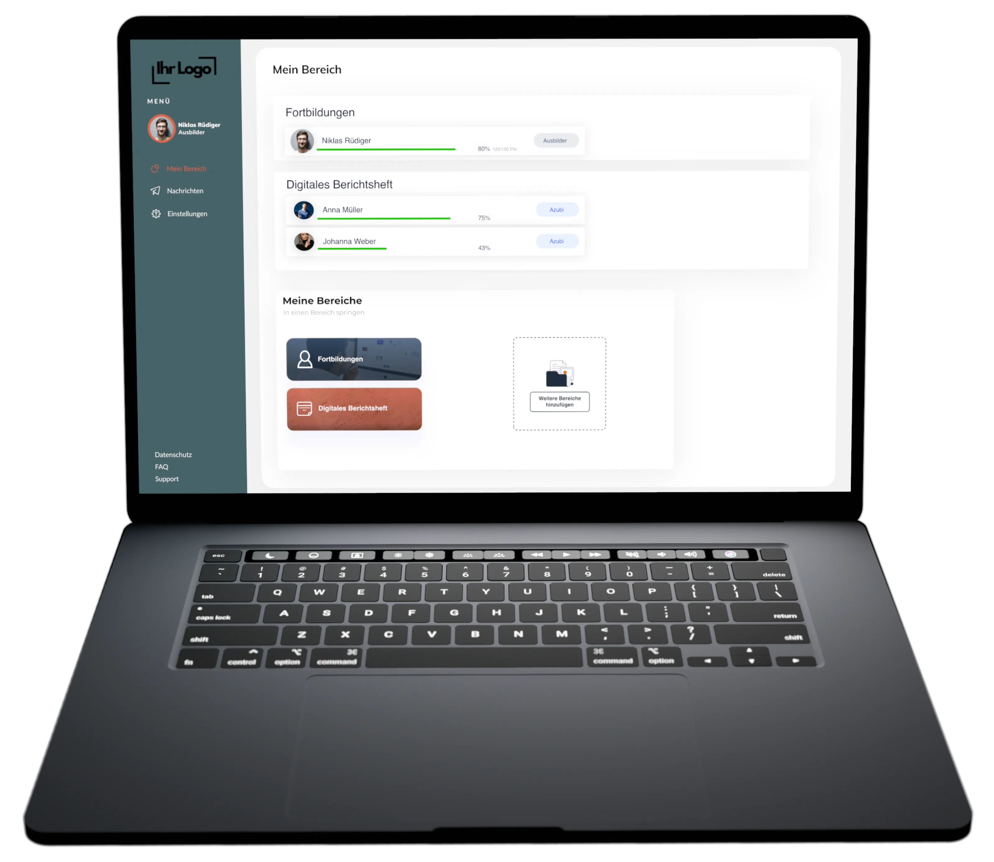 Web-App Ansicht Dashboard digitales online Berichtsheft