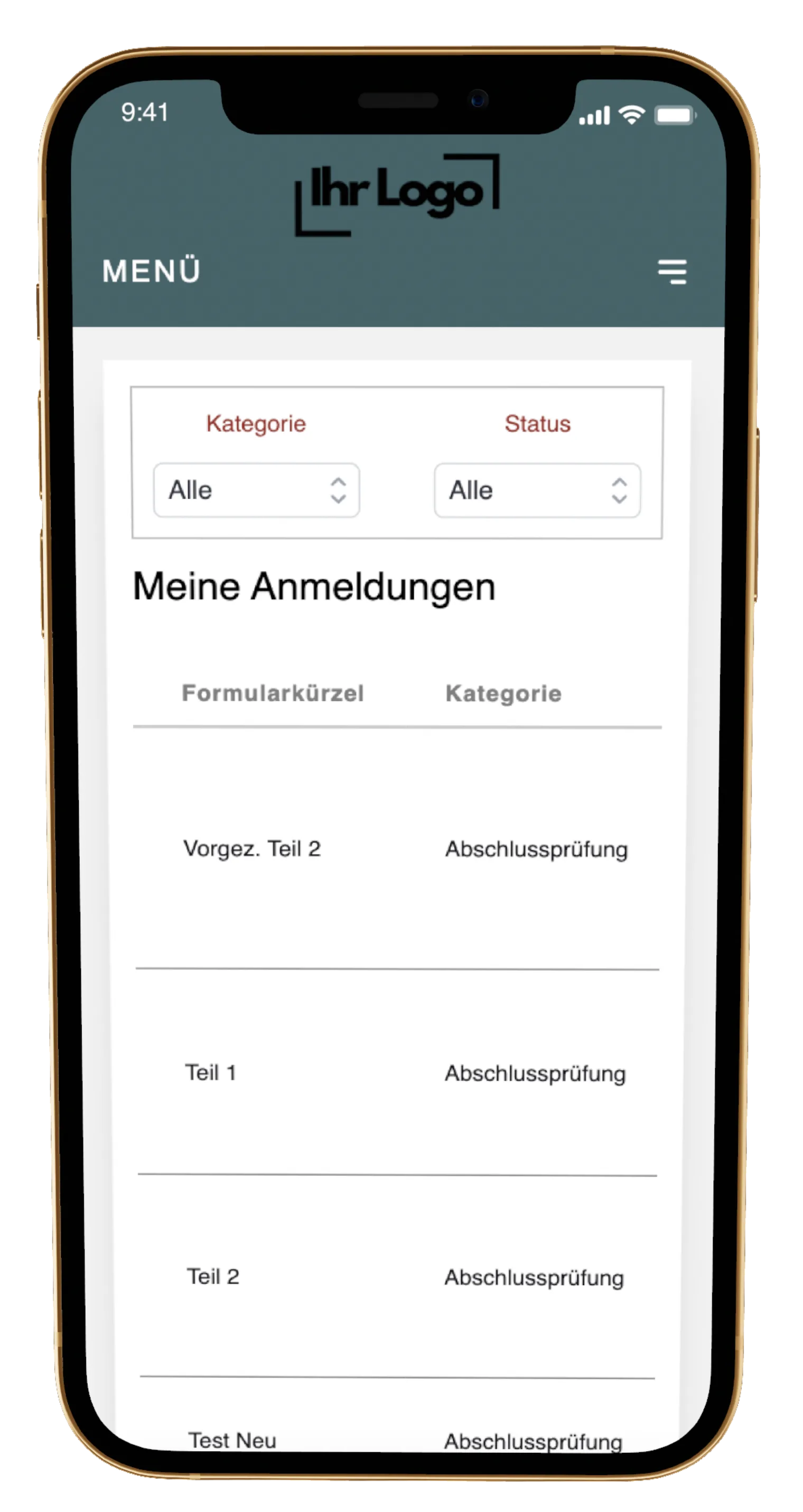 Mobile App Ansicht Dashboard digitales online Berichtsheft Applikation Prüfungsanmeldungen